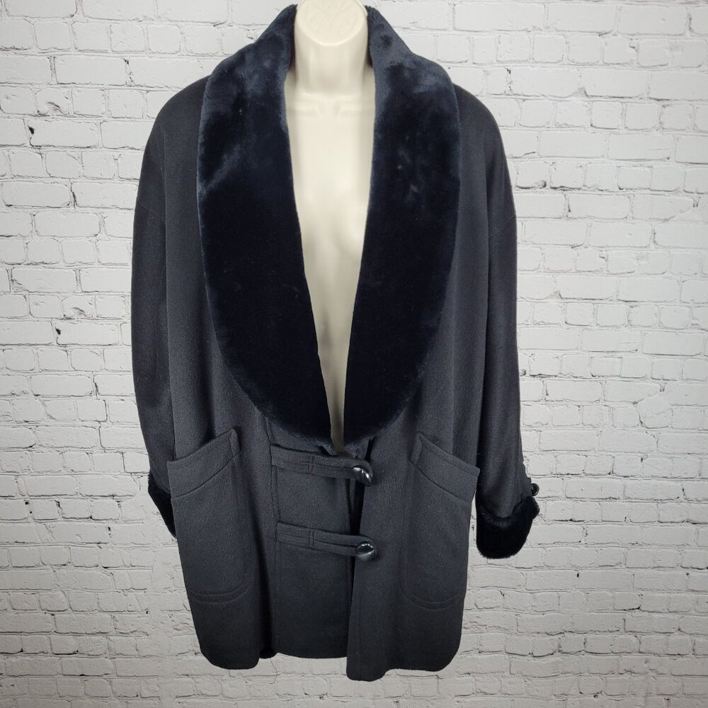 VTG Portrait Black Wool Blend Faux Fur Trim Buttoned Lined Over Coat Size 14